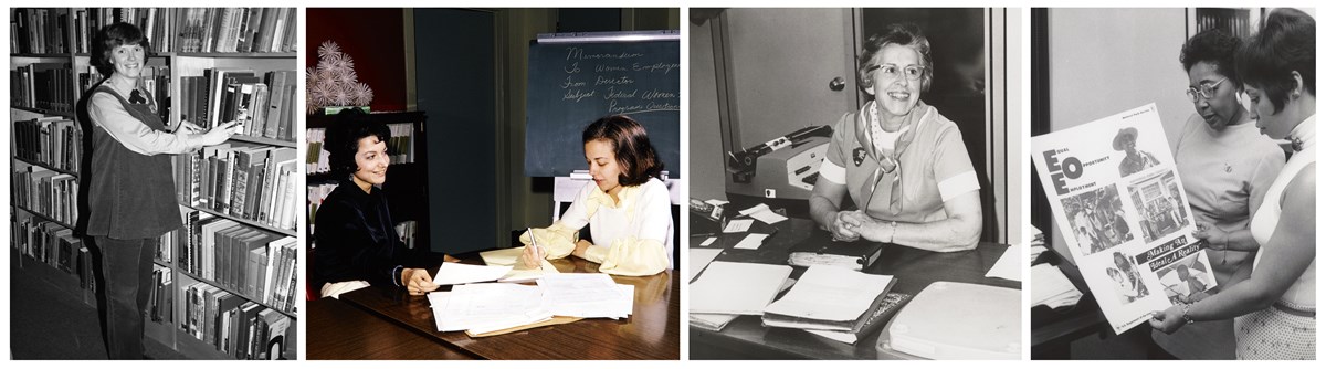 Collage of four images of NPS women doing various activities including working in a library, conducting a meeting, sitting at a desk, and reviewing an EEO poster.