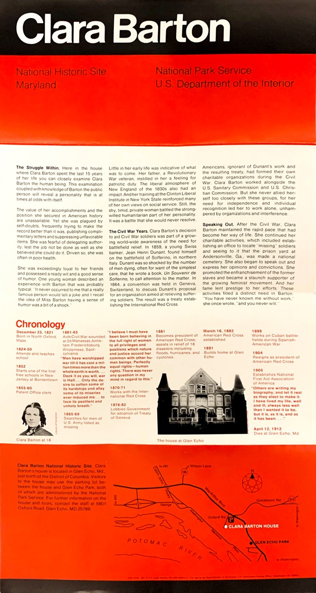 CLBA_01 Vertical page with a bold white title, Clara Barton, in a wide black band across the top. In order from top to bottom, a solid red rectangle with black words, National Historic Site, Maryland, National Park Service, US Department of the Interior.