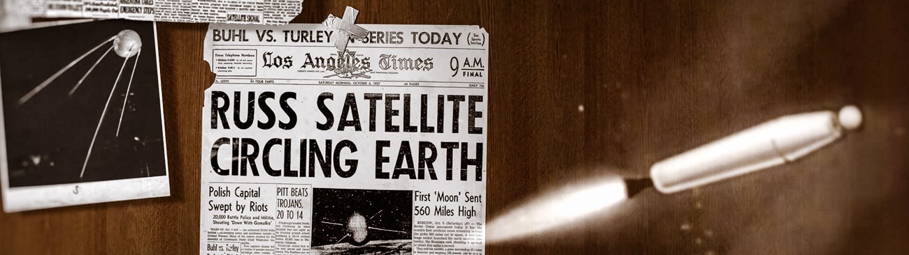 Cold War Film Festival Image Black and white photo of Sputnik and a newspaper article about Russia in Space