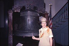 Woman in tan dress at Liberty Bell