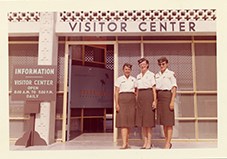 Female rangers in front of the Royal Palm Visitor Center, Everglades National Park, c. 1961. Female rangers in front of the Royal Palm Visitor Center, Everglades National Park, c. 1961.
