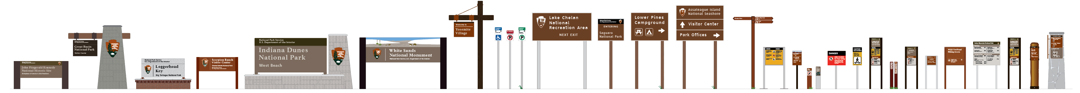 A digital drawing of an assortment of more than 25 NPS signs in all shapes and sizes.