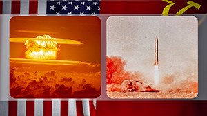 Images of mushroom clouds and a rocket