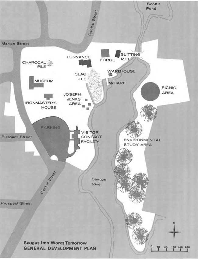 A map labeled Saugus Iron Works Tomorrow shows features such as a museum, historically furnished spaces, a picnic area, and an environmental study area.