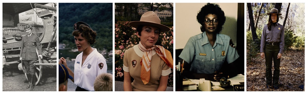Images of 5 NPS women wearing uniforms from the NPS. one in breaches, a button down jacket and riding boots, a white "v" neck blouse with NPS patch on the arm, tan dress with a white color, a grey short sleeve shirt and a long one with green pants.