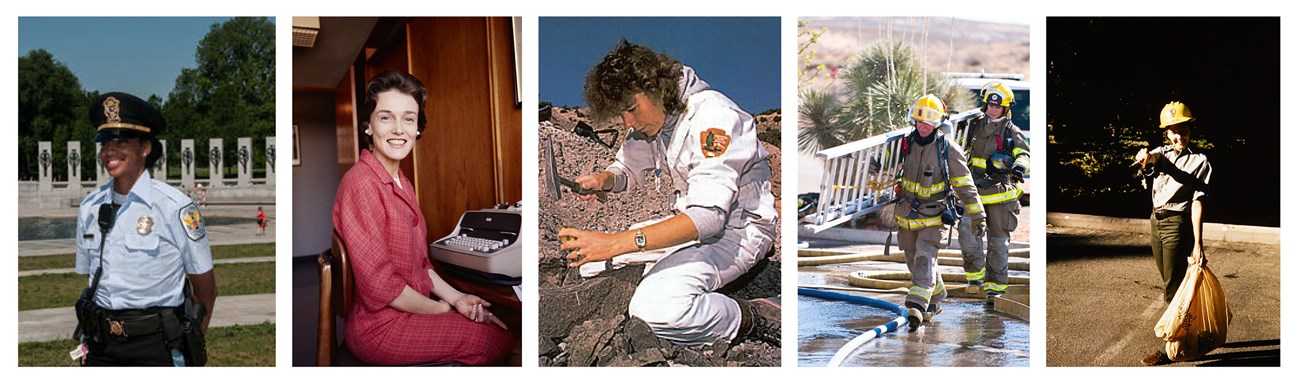 An NPS police officer, a women wearing a pink dress sitting at a typewriter, a woman wearing white coveralls collects samples from the ground.  Firefighters carry a ladder, a worker wears a hard hat.