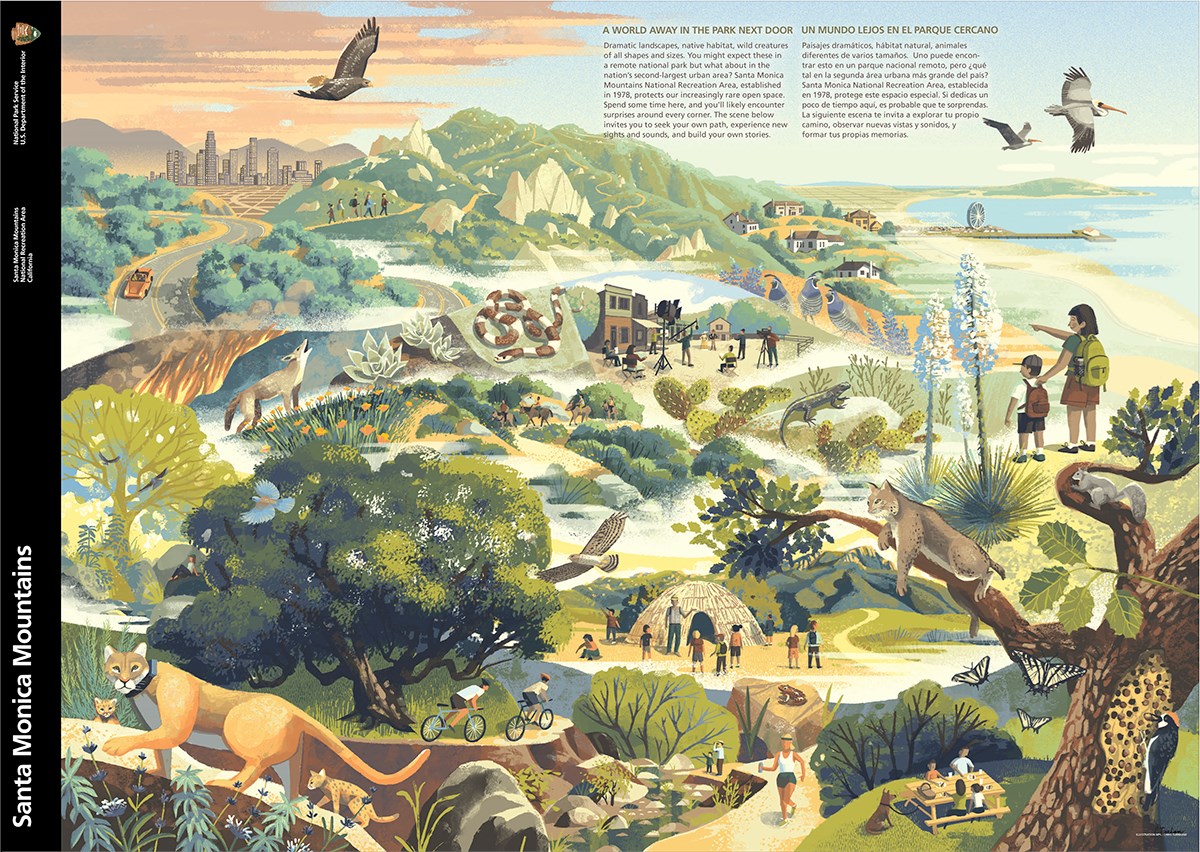 Collage of wildlife, plantlife, and people in the Santa Monica Mountains. A cityscape can be seen in to upper left corner of the image.