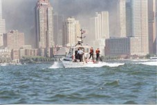 US Park Police Marine Unit, patrols New York harbor after the 9-11 terrorist attacks. New York City skyline in background. US Park Police Marine Unit, patrols New York harbor after the 9-11 terrorist attacks. New York City skyline in background.