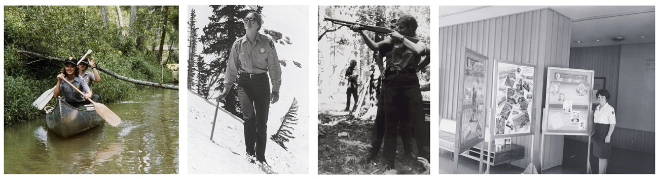 Collage of four photos of women in NPS uniforms depicting the different activities of canoeing, hiking, shooting, and tour guide.