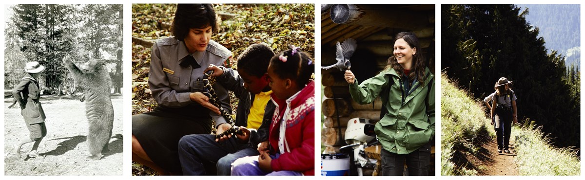 Collage of four photos of NPS women engaging in different activities, including dancing with a bear, showing children a snake, feeding a bird, and leading a hike along a trail.
