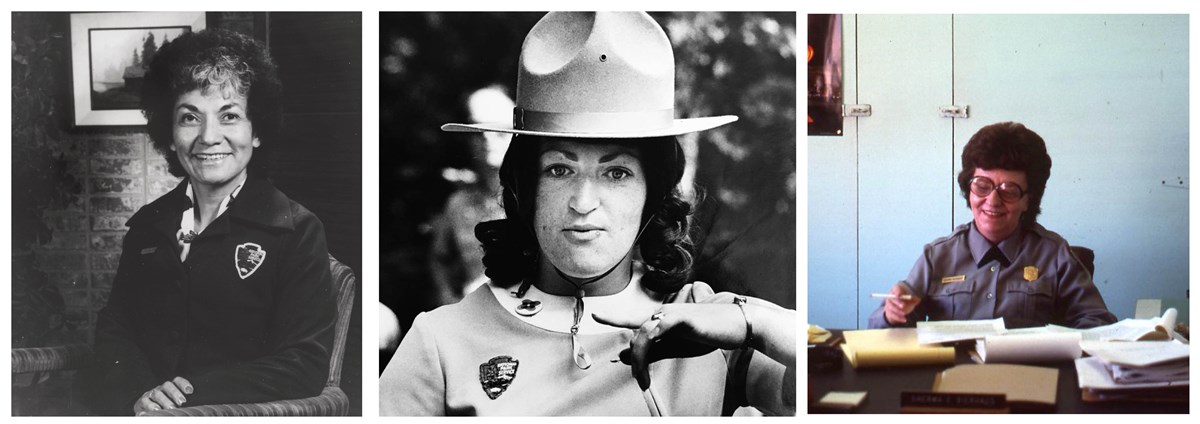 Three women superintendents. Ellen Lang wears the 1974 uniform with scarf, Sandra Hellickson-Key wears the 1970 women's uniform with hat, and Sherma Bierhaus wears the 1980s long-sleeve gray uniform shirt with green crosstie.