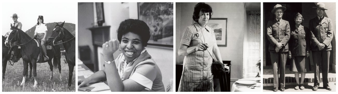 Collage of four images featuring NPS women in uniforms from 1940s-1970 illustrating various jobs or activities including horse riding, information desk staffing , historic house dusting, and work as an interpretive ranger.