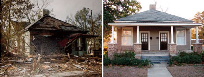 Two images of the same duplex. On the left it is severely damaged, on the right it is not.