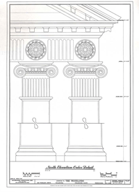 An architectural drawing of the classical ionic order showing the base and capital of two columns and an architrave.