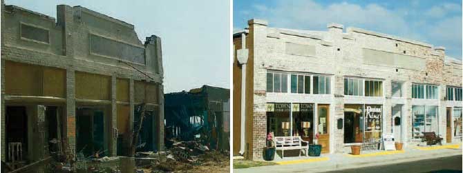 Two images. On the left, a row of one-story historic commercial buildings that are heavily damaged. At right, the same row of buildings with repaired masonry walls and storefronts.