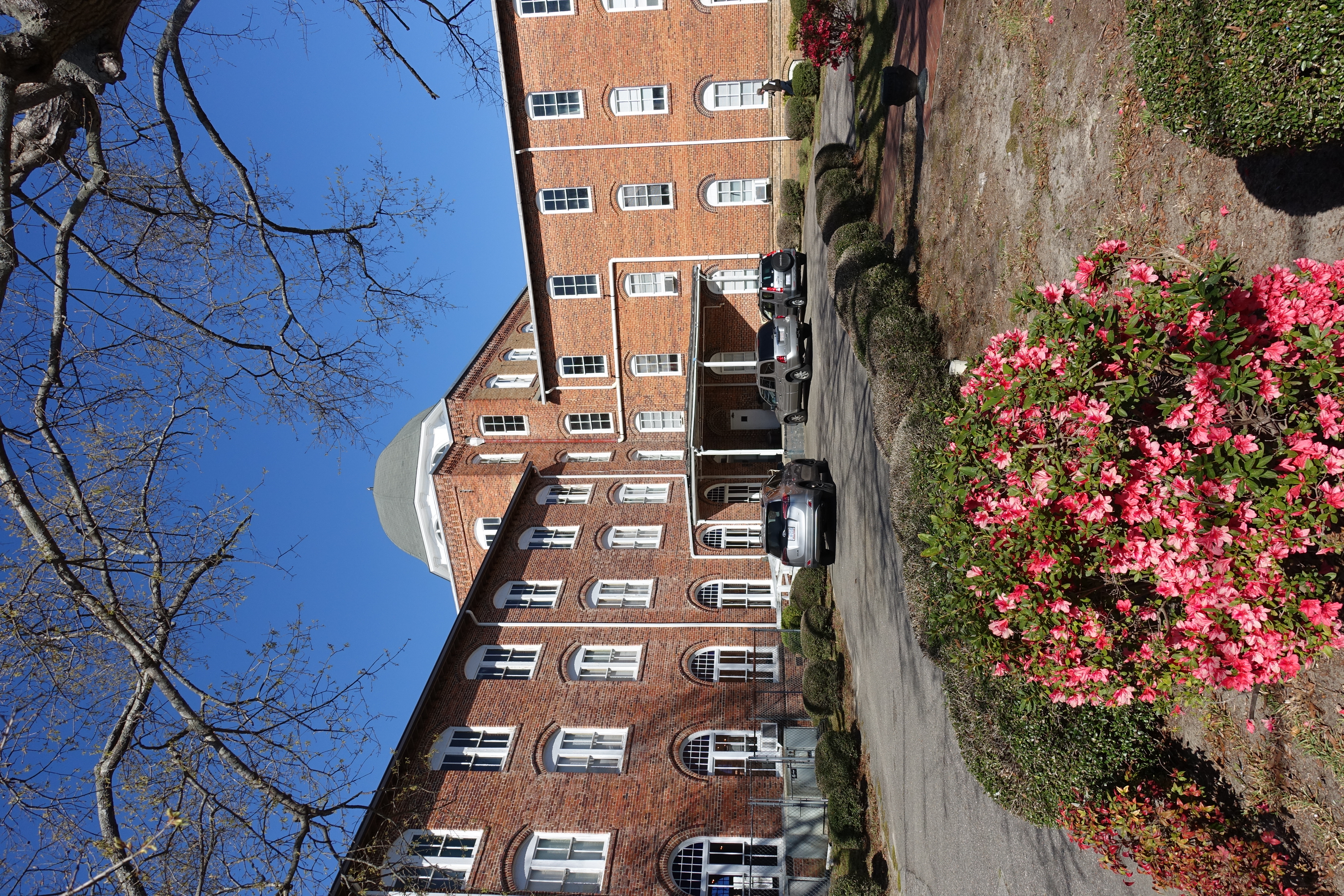 Flora MacDonald College - Red Springs, North Carolina Exterior photograph of brick building with tree and shrub in foreground.