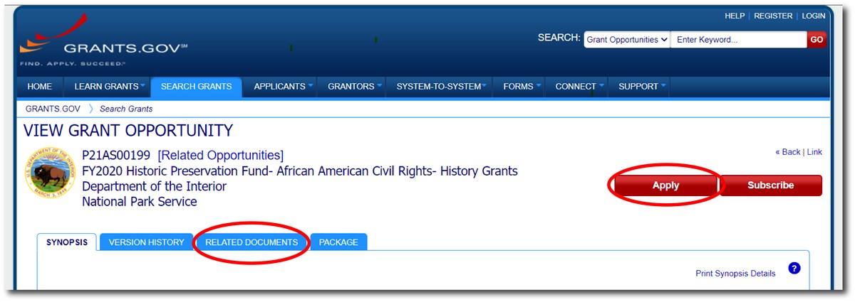 Screenshot from grants.gov showing a funding opportunity with the "Apply" button and "Related Documents" features highlighted.