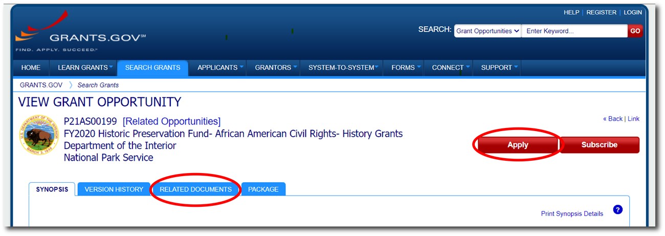 Grants.gov Application Page Screenshot from grants.gov showing a funding opportunity with the "Apply" button and "Related Documents" features highlighted.
