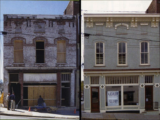 Grant-assisted building before and after work. Frame building before and after National Park Service historic preservation grant assistance