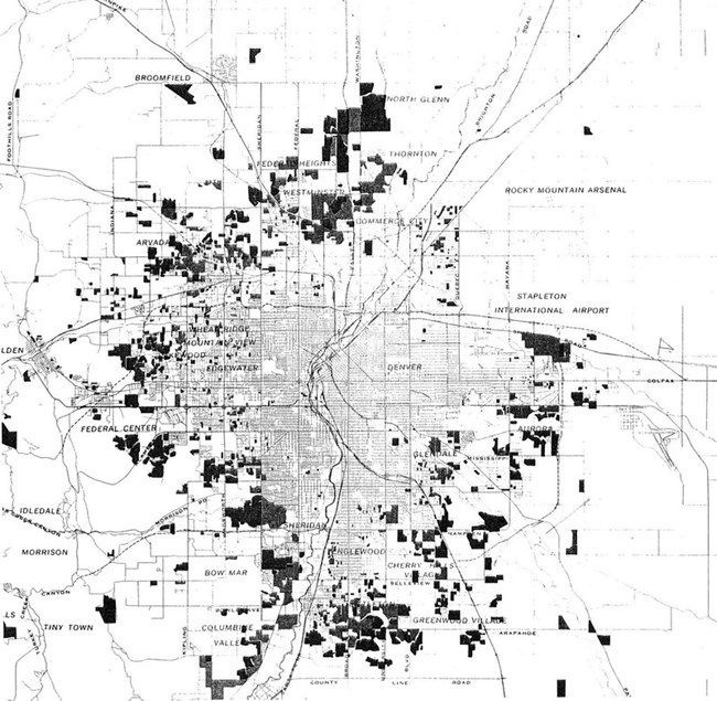 Black and white map of Denver, Colorado Historic suburban construction is highlighted against the street grid.