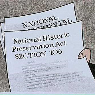 Drawing of a hand holding a piece of paper. Text on paper reads: National Historic Preservation Act Section 106