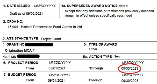 Image of text - excerpt of Notice of Funding Agreement. Text shows numbered fields. Field 6, labeled "Project Period," circled in red to indicate location of grant end date.
