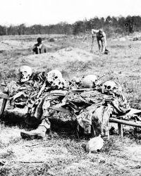 lt= Photo of skeletal remains from the Battle of Gaines’ Mill awaiting burial.