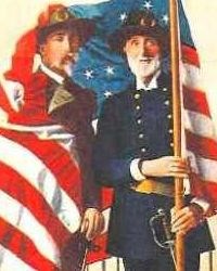 Turn of the century post card showing elderly Union and Confederate veterans in uniform, draped in United States flag.
