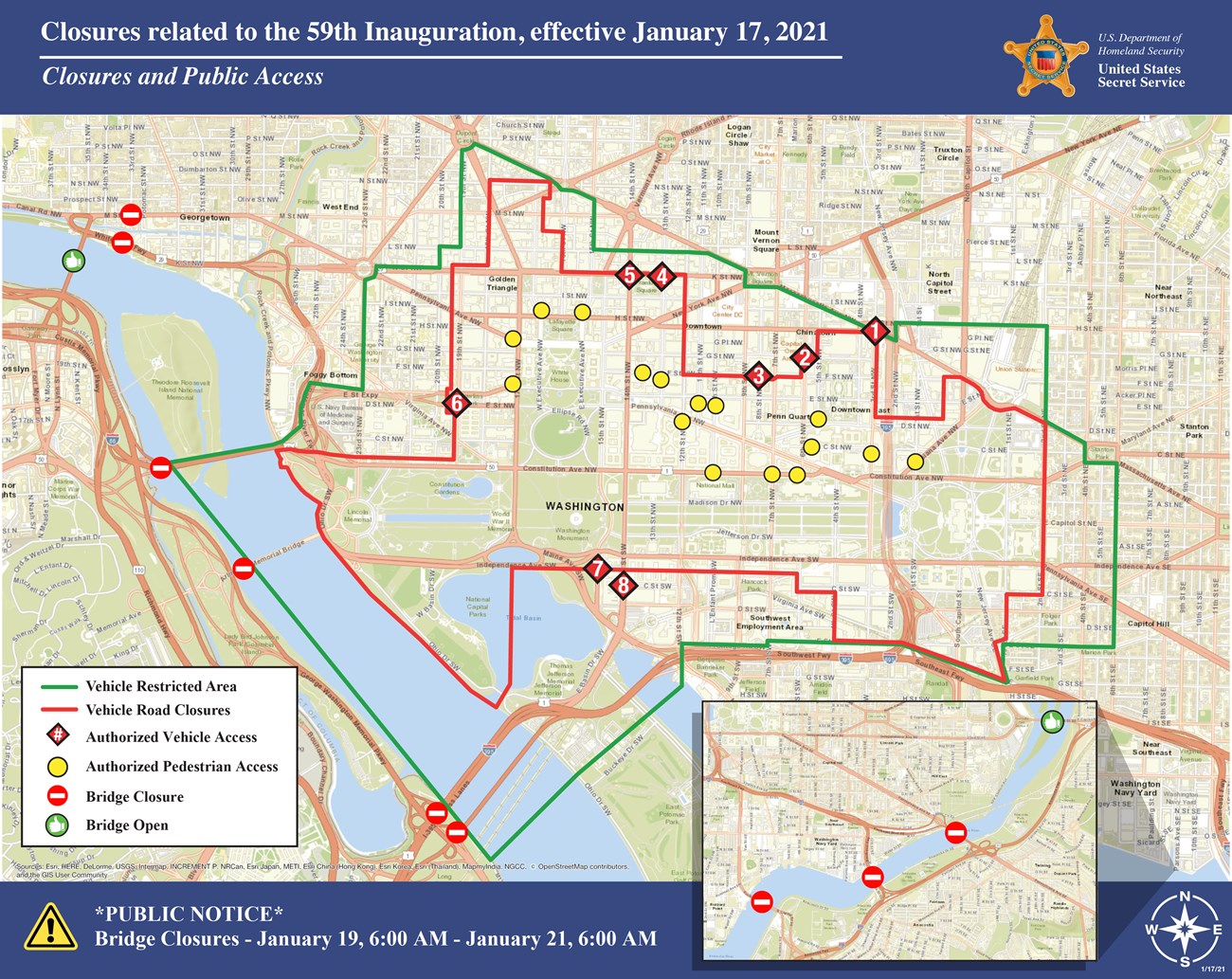 Map for a general reference of closures in Washington DC January 17-21; detailed alt text on the webpage