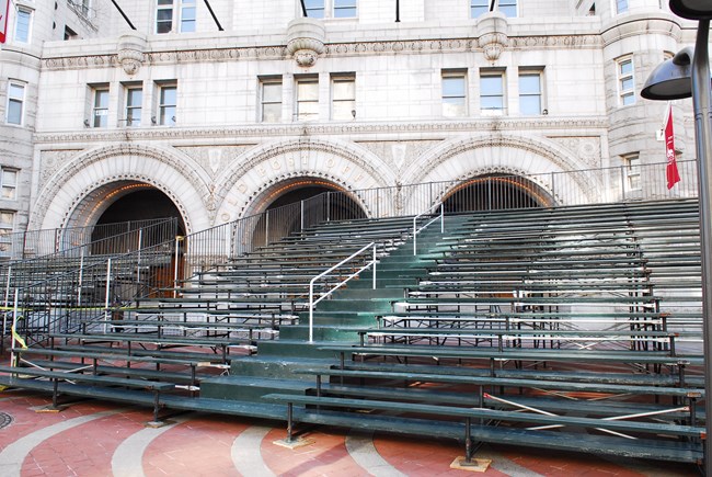 Bleachers set up on a city street