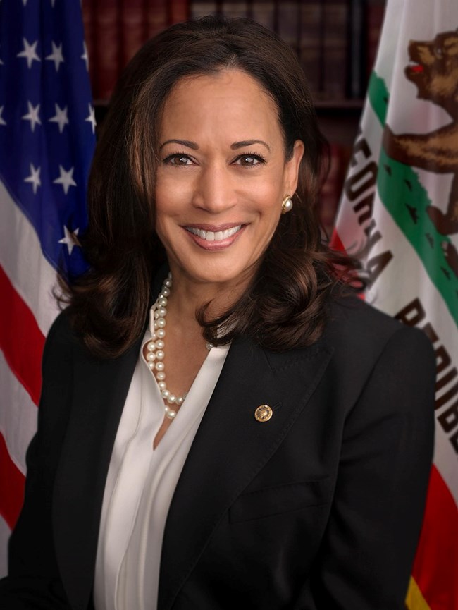 Senator Kamala Harris stands smiling in front of a backdrop of flags