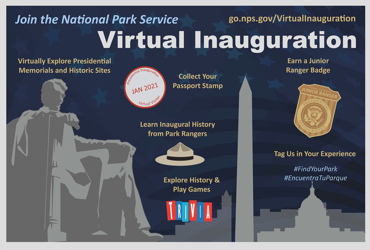 Infographic for ways to join a virtual presidential inauguration with parks, detailed alt text on the webpage