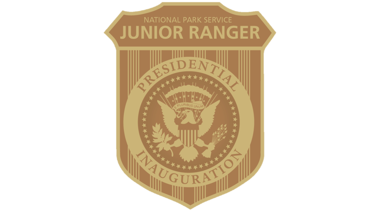 Inauguration Jr. Ranger Virtual Badge A yellow and gold badge showing the presidential seal and text that reads "National Park Service Junior Ranger Presidential Inauguration"
