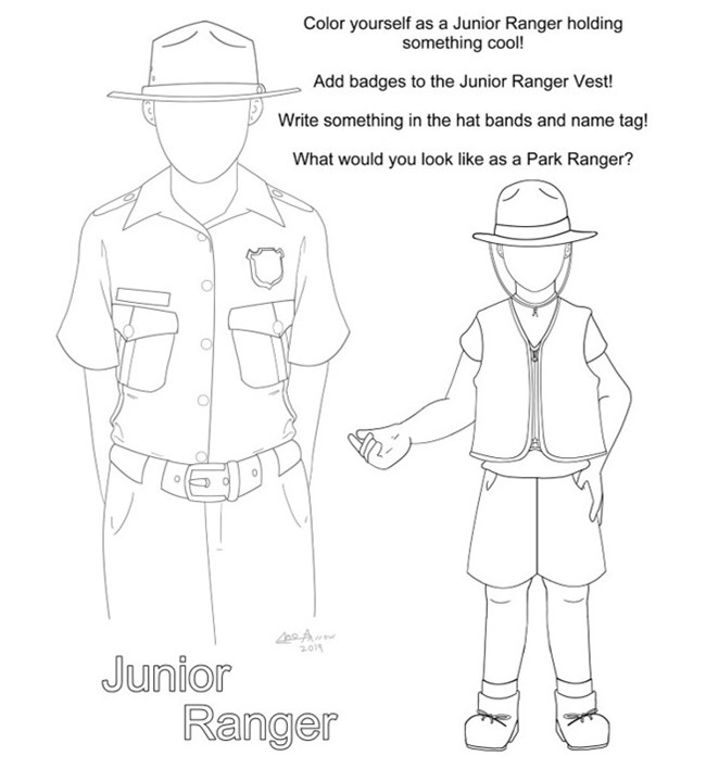 A coloring page with a park ranger in uniform and a child in junior ranger clothing. Text encourages you to think about what you would look like as a park ranger