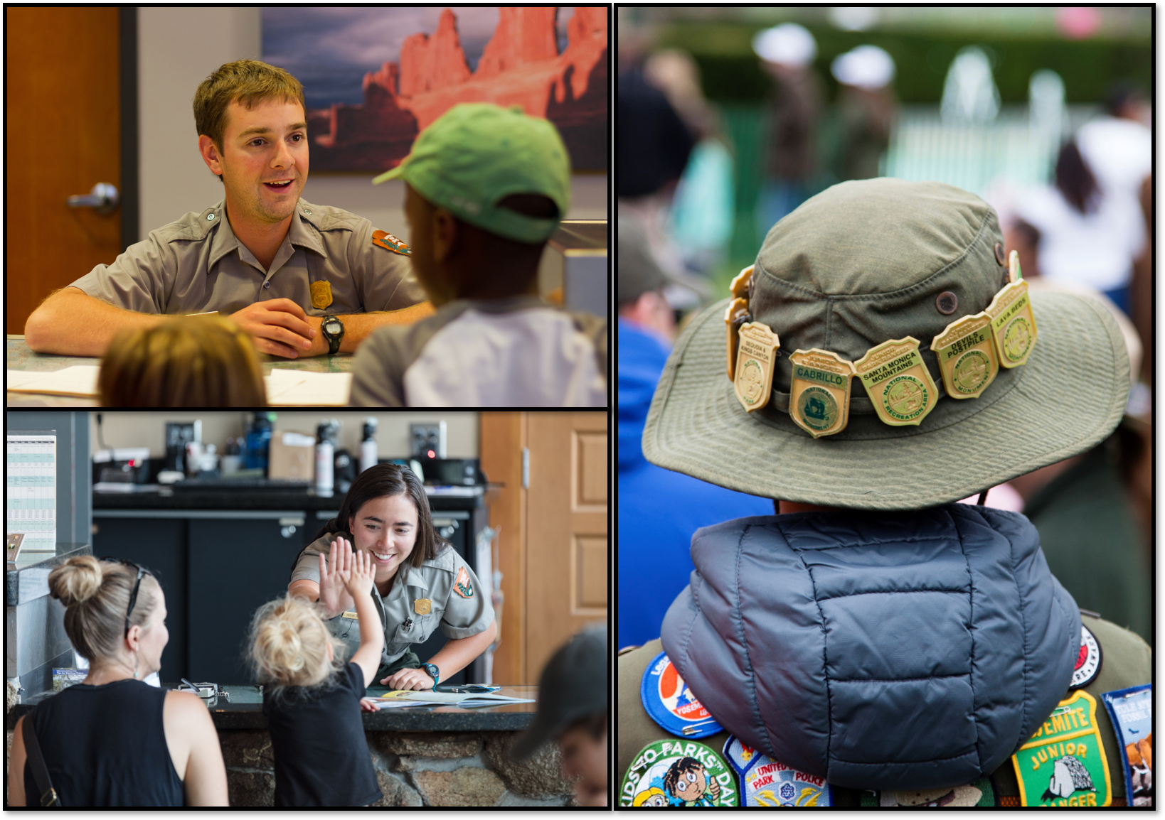 Taking the junior ranger pledge Gallery of images showing junior rangers being sworn in. On the right is a person wearing a soft brimmed hat lined with junior ranger pins
