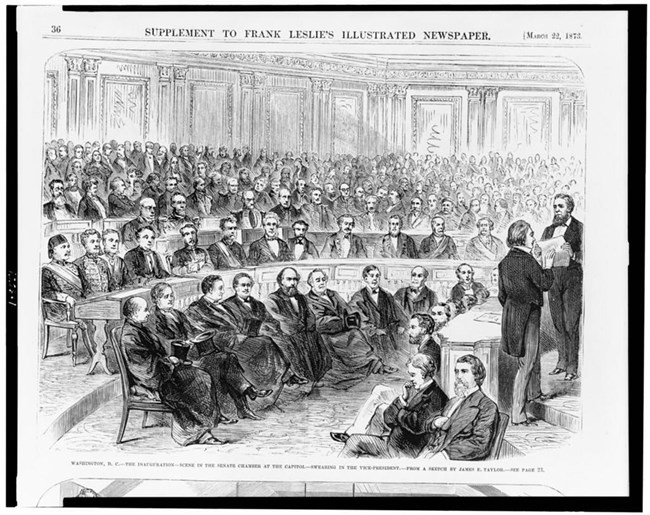 Swearing in the Vice President Library of Congress A grayscale drawing of the vice-presidential swearing in ceremony. A man stands with his hand raised taking the oath before a crowded room