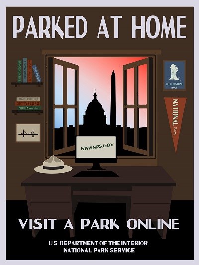 Illustration of a desk covered with national park items and computer looking out a window at the Capitol