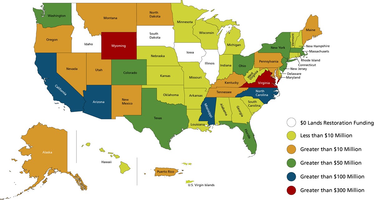 Land Resource Funding Map Graphic showing Legacy Restoration Fund funding by state; detailed alternative text on the page next to the graphic