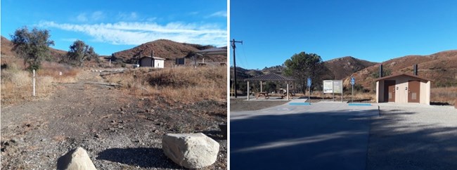 Left: View of gravel path at trailhead; Right: View of parking area and public restrooms