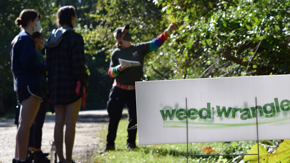 a person teaches a group of people about invasive species with a sign that says "weed wrangle" in the foreground