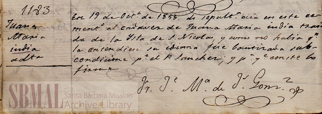 Lone Woman entry in mission registry Close up of entry for baptism and death of the Lone Woman