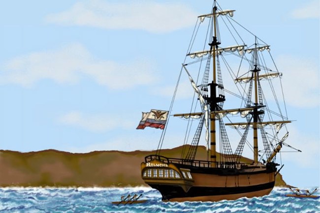 The Il’mena, the brig that brought Russians and Alaska Natives to San Nicolas Island in 1814. Drawing by Elizabeth Chapin.