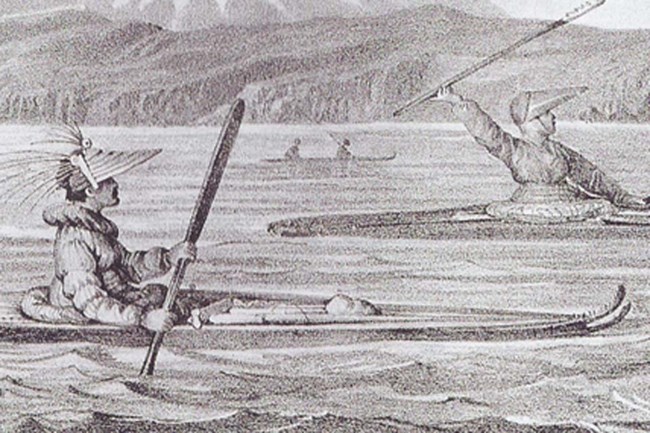 Natives with their Canoes, 1827. F.H. von Kittlitz in Litke’s Atlas to Voyage.