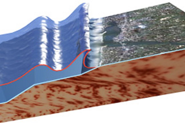 Graphic depiction of large wave breaking on coast.