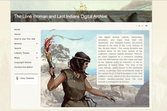 Web page with painting of lone woman of San Nicolas Island.