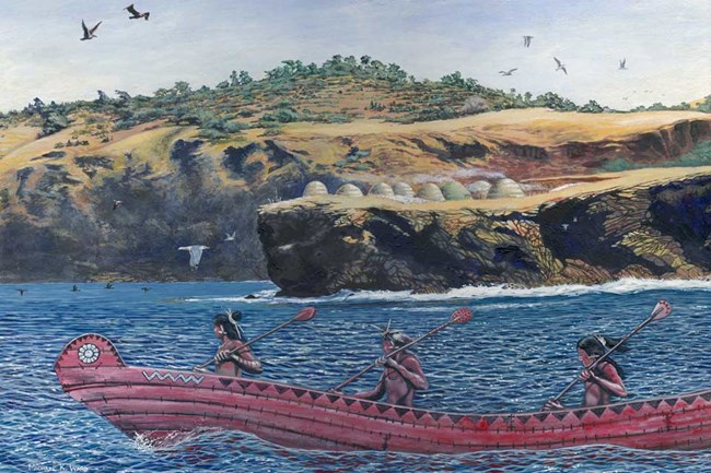 Chumash paddling tomol along coasts. ©Michael Ward