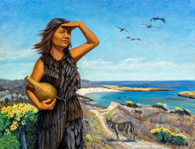 Painting of Lone Woman overlooking Corral Harbor on San Nicolas Island