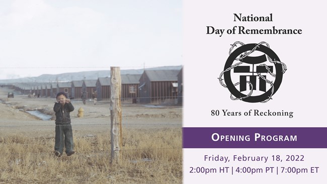 Left: A young boy climbs a barbed-wire fence in front of a line of barracks with mountains in the distance. Right: Remembrance Day logo of a circle wrapped in barbed wire surrounding a symbol of lines. Text: National Day of Remembrance: 80 Years...