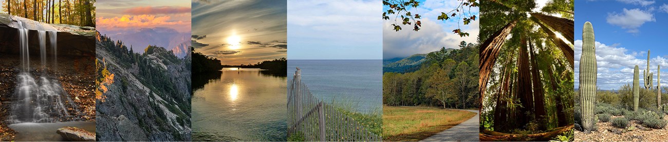 Seven photos in a row of national park sites featuring waterfalls, redwood trees, cacti, lakes, meadows, and seashore.