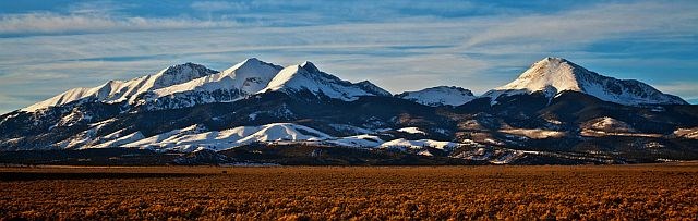 Snow covered mountains.